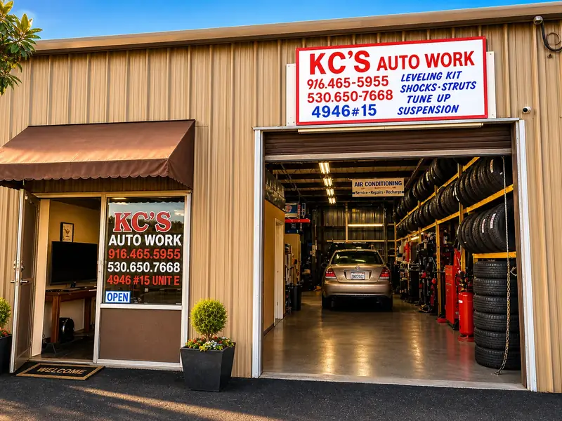 KC's Auto Work shop front and open bay at 4946 Watt Ave Ste 15, North Highlands